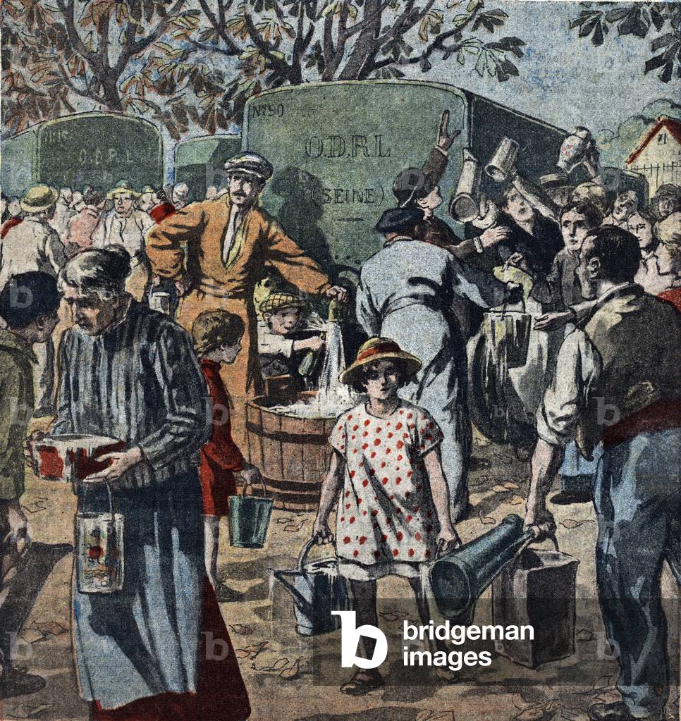 Drought of 1921: inhabitants of supplying water in the affected areas) Illustration from “” Le pelerin”” august 1921