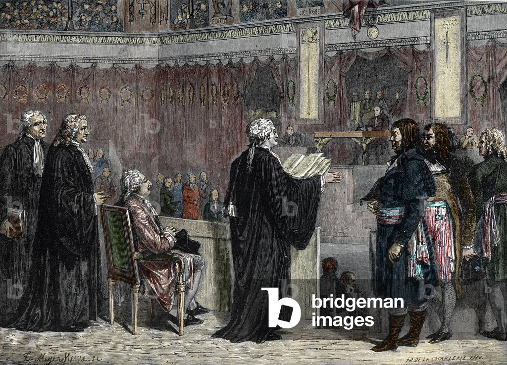 Proces de Louis XVI: appearance of Louis XVI before the deputes of the National Convention (colour engraving)