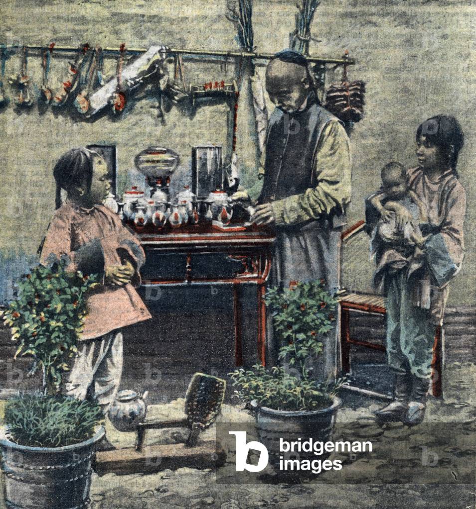 Representation of a Chinese pharmacist in his shop (A chinese chemist (pharmacist) in his shop) Illustration from “” Le pelerin”” 16/02/1922 Private collection Â