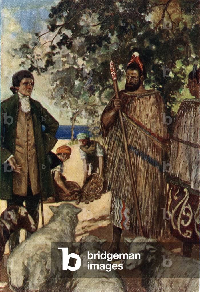 Second voyage of James Cook: Captain James Cook presenting sheep to natives at Queen Charlotte's Detroit stopover in New Zealand, 25 March 1773 (Second voyage of James Cook: Captain Cook (1728-79) presents the natives with some sheep and goats, Queen Charlotte Sound, New Zealand, 25th March 1773) Illustration by Stephen reid (1890 -1948) from “” The Book of Discovery”” 1906 Private collection