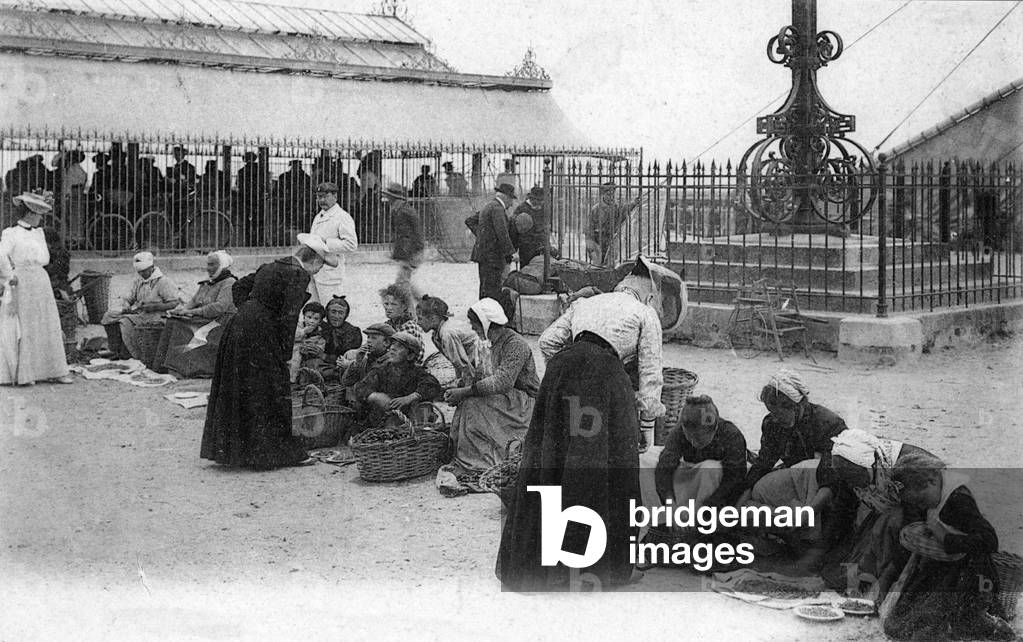 Mussel and shell sellers in Treport, Normandy, 1900s. (b/w Photo)