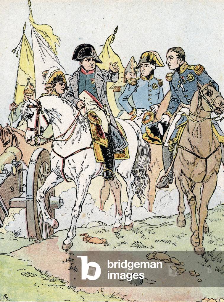 Imperatore Napoleone I (1769-1821) tra i suoi ufficiali (L'imperatore francese Napoleone I) Illustrazione trat