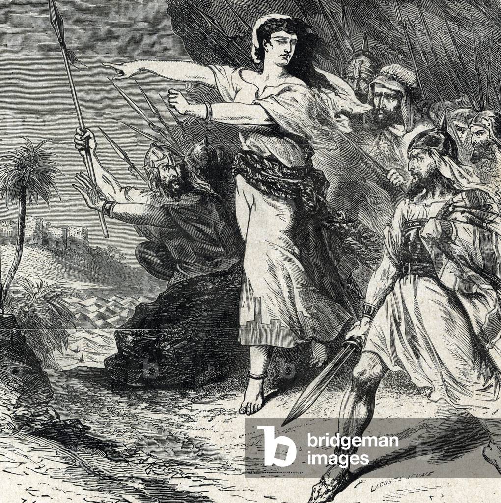 Deborah leads the people of Israel oppressed by Jabin, the king of Canaan to fight. Engraving from 'Holy History' by Lahure 19th century Private Collection