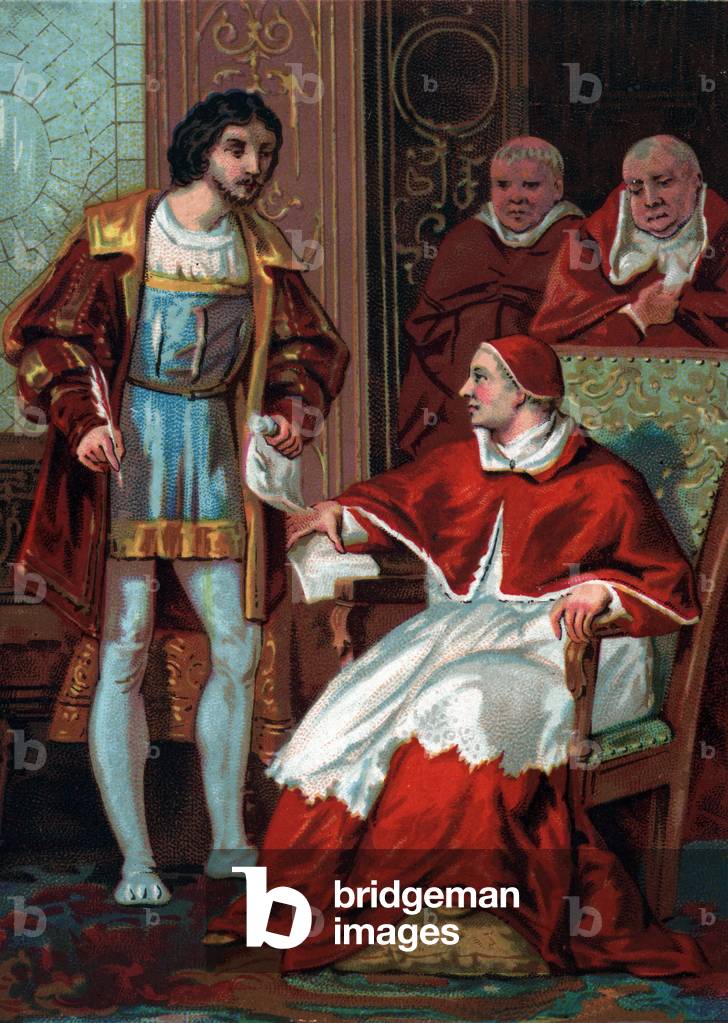 Signature of the Concordat of Bologna on 18/08/1516 between King Francis I of France and Pope Leon (Leo) X (The Concordat of Bologna in 1516 between King Francis I of France and Pope Leo X that Francis negotiated in the wake of his victory at Marignano in September 1515) Chromolithography of the end of the 19th century Private Collection