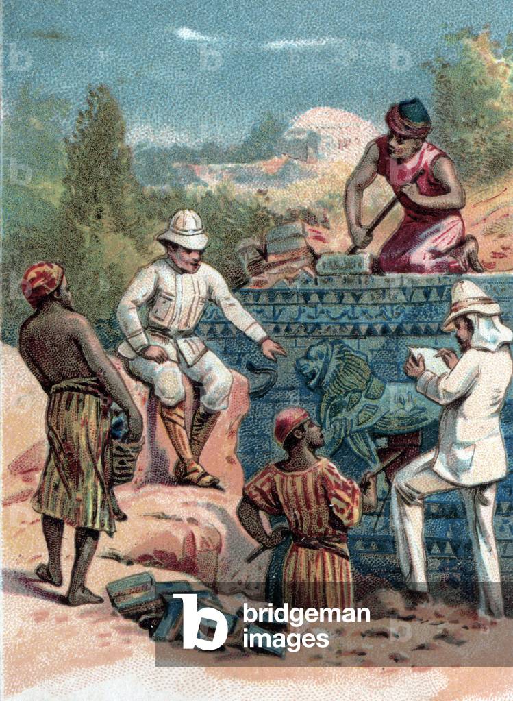 Archeologists Marcel (1844-1920) and Jane (1851-1916) Dieulafoy during the excavations of the city of Susa in Persia, discovered the lion frieze of the palace of Artaxerxes (ca 4-358 BC), Persia) in 1885-1886. End of the 19th century (chromolithograph)