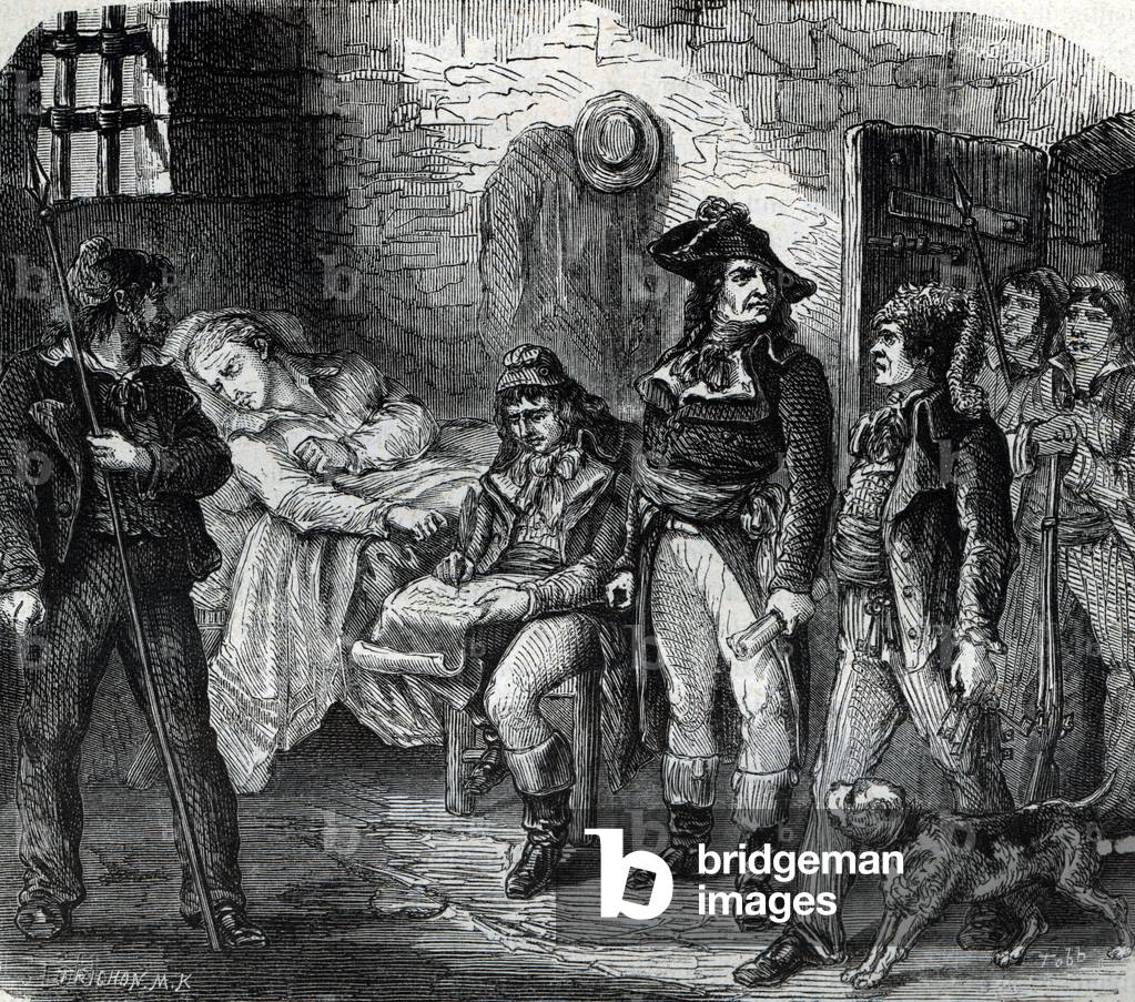 The Death of Condorcet in prison on 28th March, 1794 - French Revolution and movements contre revolutionaire: Suicide by Nicolas de Condorcet (1743-1794) giving himself death in his prison on 28 March 1794 at Bourg-Egalite (Bourg Egalite, now Bourg-la-Reine or Bourg La Reine in Ile de France) Engraving from Fulgence's “Les mysteres du grand monde” Girard, 19th century Private Collection