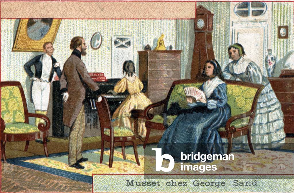The poet Alfred de Musset (1810-1857) visits the writer George Sand (Aurore Dupin, Baronne Dudevant) (1804-1876) at Malaquais in Paris. End of the 19th century (chromolithograph)