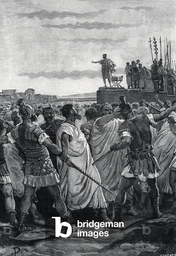 Roman Antiquite “” Dissolution of the Pretorian Guard by Emperor Septime Severe (193-211) (Praetorian Guard dissolved by Septimius severus and replaced by men transferred from his own army 193 ca) Engraving from “Storia di Roma” by Francesco Bertolini