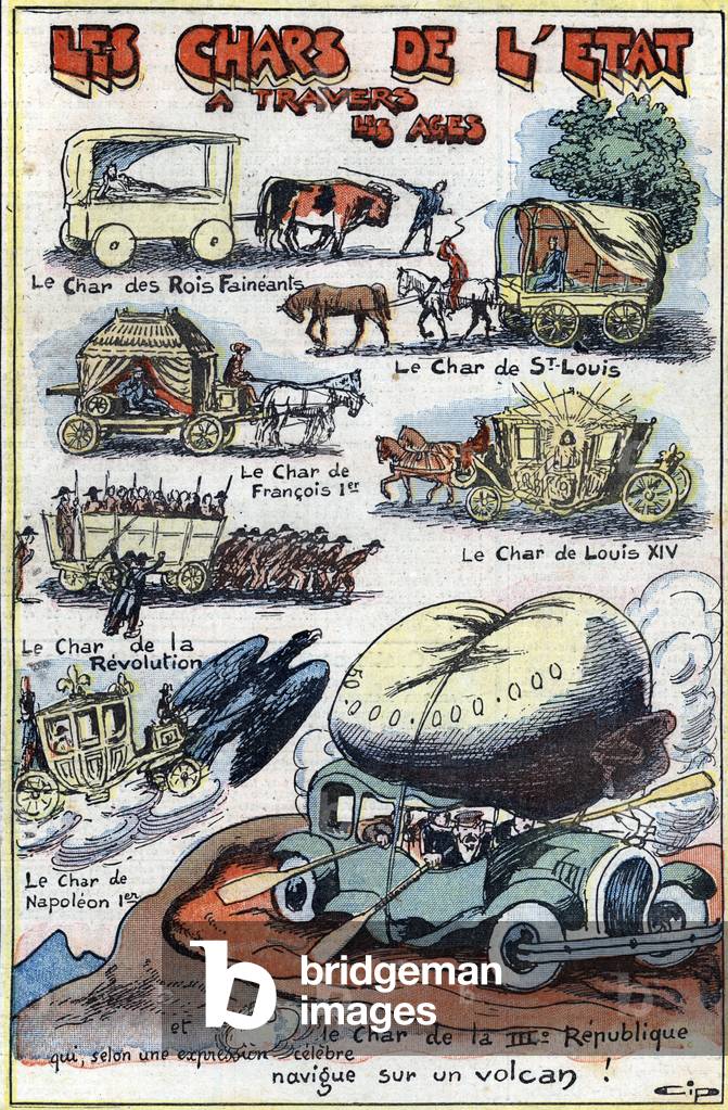 Evolution of the tank of the sovereign, from that of the lazy kings to that of the president of the 3rd republic, passing by the king Saint Louis, Louis Xiv, Francois I, the tank of the revolution and Napoleon I (evolution of transportation of French sovereign, idle king, St Louis, Francis I, Louis XIV, revolution chariot, Emperor Napoleon I and the president of the republic) Illustration taken from “” Le pelerin”” 9/4/1933 Private collection Â