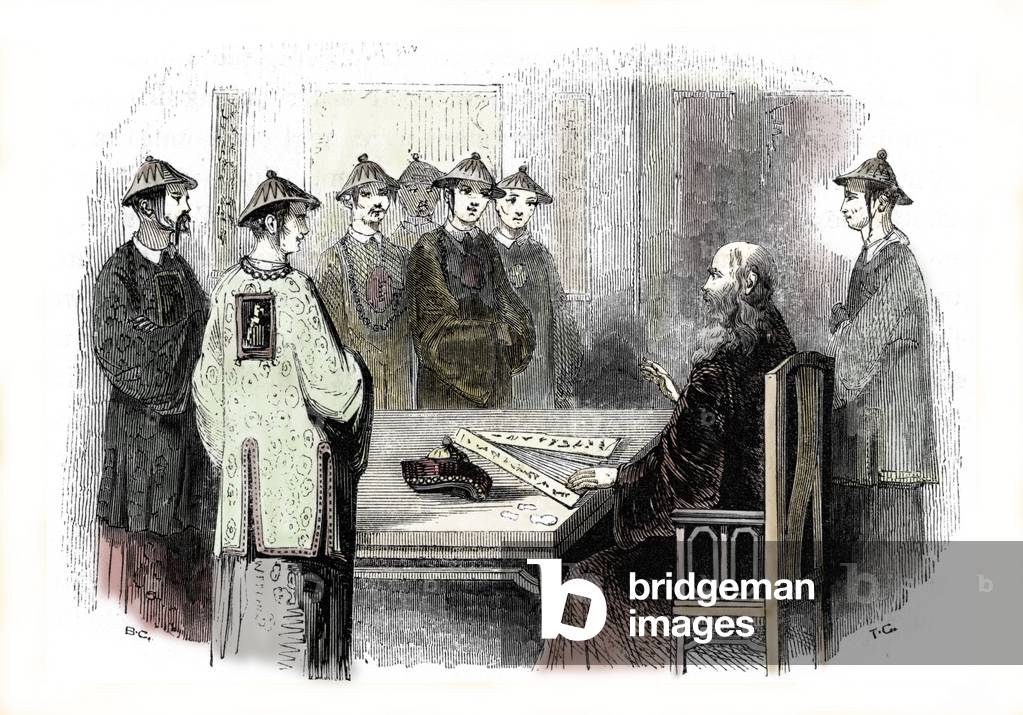 Chinese philosopher Confucius (or Kong Fu Zi or KongZi) (551-479 BC) surrounds his disciples. 19th century, (engraving).