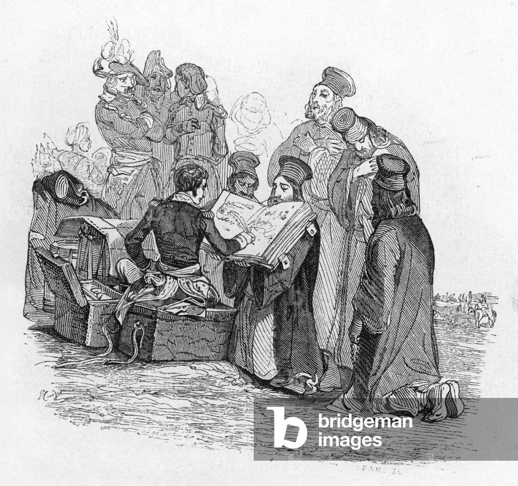 Campaign of Egypt: General Napoleon Bonaparte (1769-1821) meets a deputation of Arabs envared by the monks of Mount Sinai who came to solicit an alliance with the French in Suez, decembre 1798”” (French campaign in Egypt and Syria: Napoleon Bonaparte meets a arab deputation in Suez, december 1798) Engraving from “Histoire de l'empereur Napoleon”” by Laurent de l'ardeche 1840 Private collection
