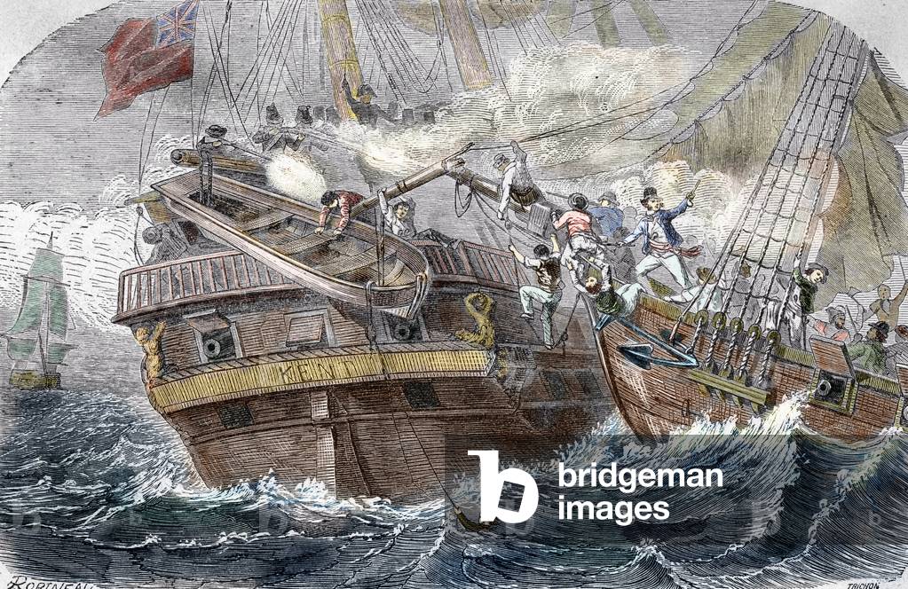 Capture of the Kent”” by the French privateer Robert Surcouf (1773-1827) on the ship “” La Confidence”” on 7/10/1800 in the Gulf of Bengal”” (Fight between the French Confidence (Robert Surcouf) and the HMS Kent in the bay of the Bengal, 7th October 1800) Engraving from “Twenty-five contemporains” Private collection