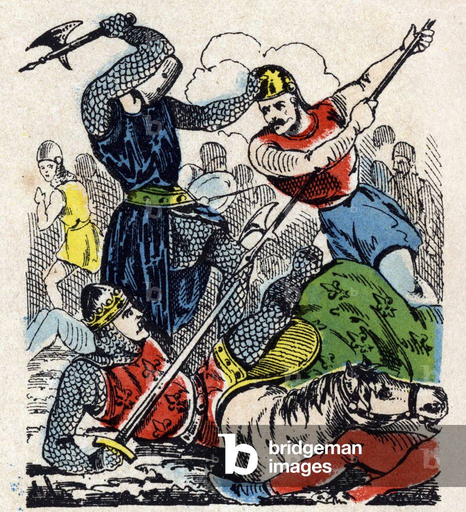The Battle of Bouvines, 1214: King Philip II Augustus is saved by a young knight (Battle of Bouvines, 1214) Image of Epinal 19th century