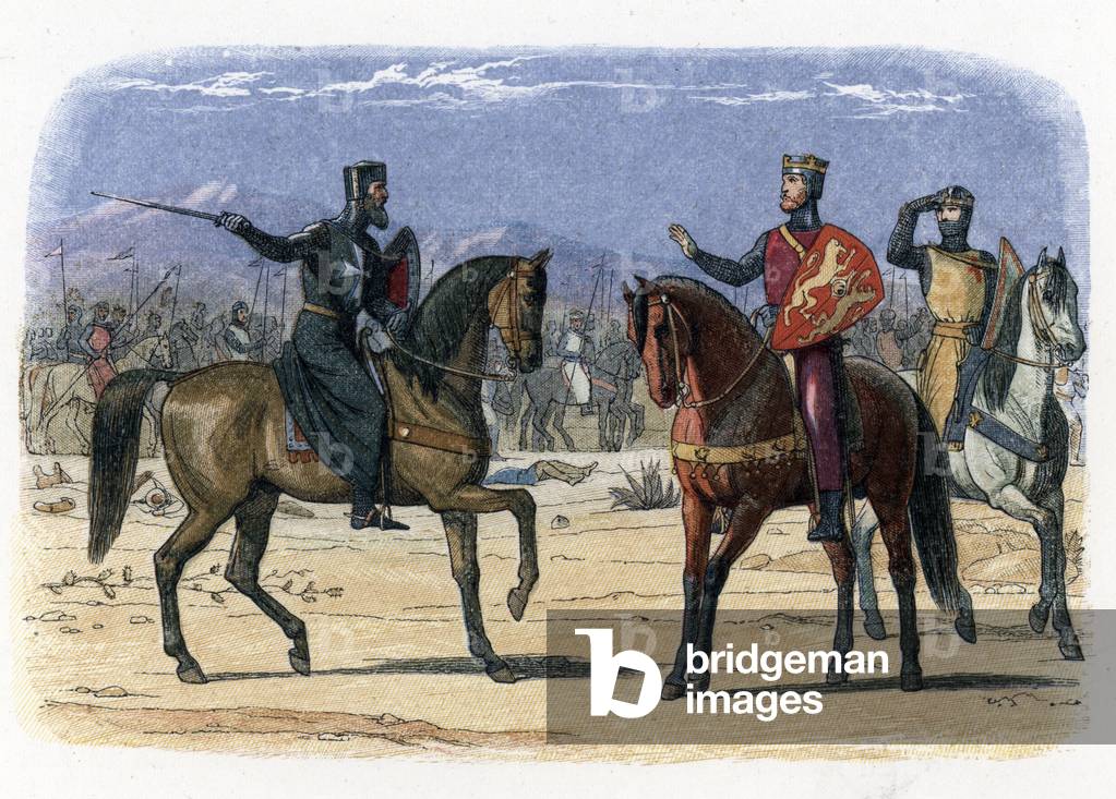 “King Richard I of England (Richard the Lionheart) (1157-1199) one of the leaders of the Third Crusade with Godfrey de Duisson (aka Geoffrey de Dunjon), on the Master of St John, the Third Crusade, Joppa - 23 July 1191) Illustration from “” A Chronicle-of-England”” by James Doyle, 1864 Private collection