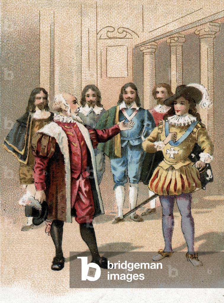 Maximilian of Bethune (1560-1641) Baron of Rosny, Duke of Sully”” talking with the young king Louis XIII (1601-1641) “” When the king your father did me the honor to speak with me on important matters to the prealable he brought out the jesters””” (Maximilian de Bethune, Duke of Sully and young Louis XthoIII 1614) Chromolithol 19th century graph Private collection