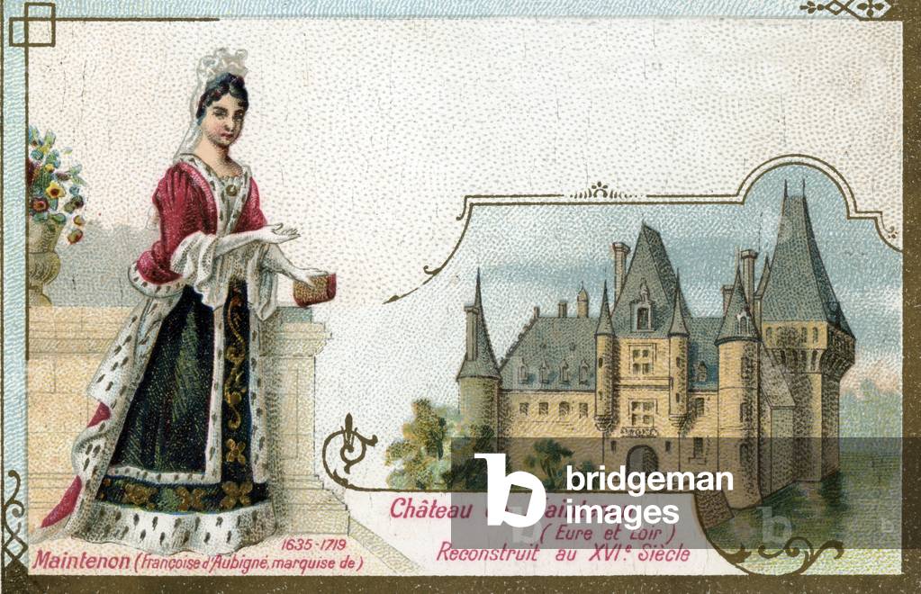 Portrait of Francoise d'Aubigne, Marquise de Maintenon (1635-1719) at the Chateau de Maintenon en Eure et Loir (Portrait of Madame de Maintenon in the castle of Maintenon) Chromolithograph of the end of the 19th century
