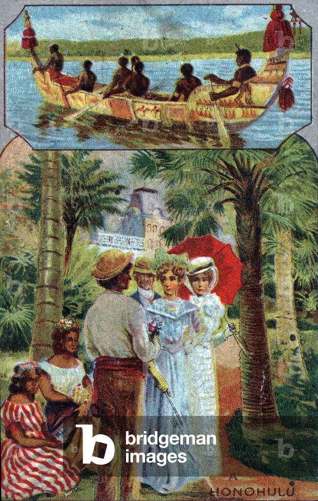 Luxury tourism: European tourists visiting Honolulu, Hawai. Late 19th century (chromolithograph)