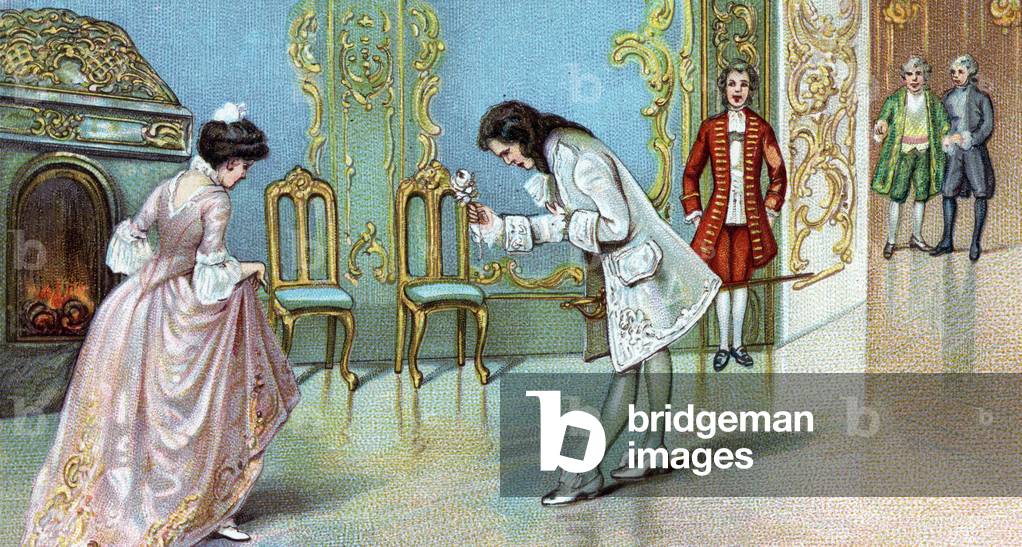 Count Octavian Rofrano presents the silver rose to Sophie de Faninal Illustration of Act II of the opera “Der Rosenkavalier”” by Richard Strauss (1864-1949) (Count Octavian Rofrano presents the silver rose to Sophie Faninal, illustration for the 2nd act of “” Der Rosenkavalier the” (The Knight of Rose) comic opera by Richard Strauss ) Chromolithography around 1911 Private collection