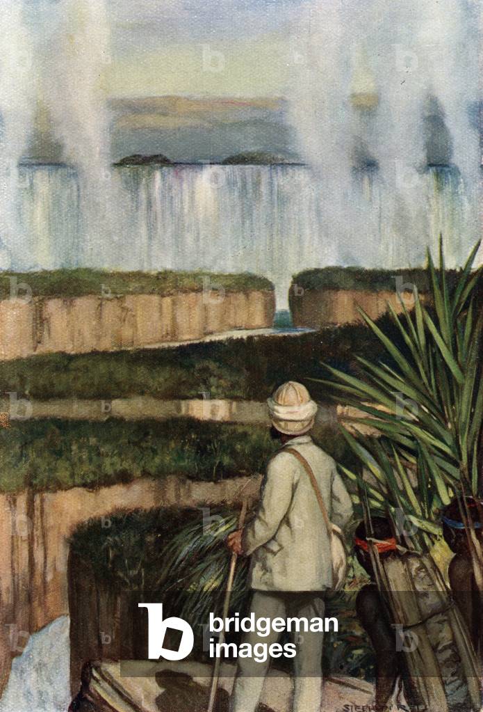 David Livingstone (1813-1873), a Scottish missionary and explorer, was the first European to discover Victoria Falls in Zimbabwe 16 November 1855 (David Livingstone first European to discover the Victoria Falls on the Zambezi river in central Africa, 16th November 1855) Illustration by Stephen reid (1890-1948) from “” The Book of Discovery”” 1906 Private collection