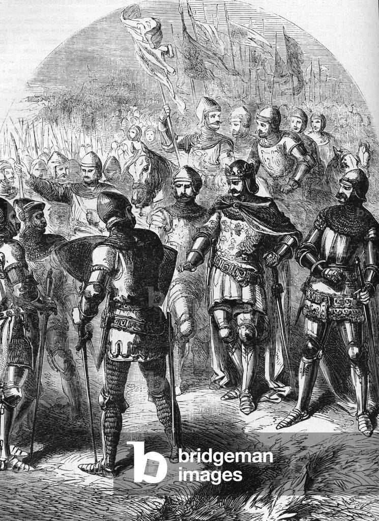 L'esercito inglese di Enrico V si prepara per la battaglia di Agincourt nel 1415, illustrazione tratta da «His
