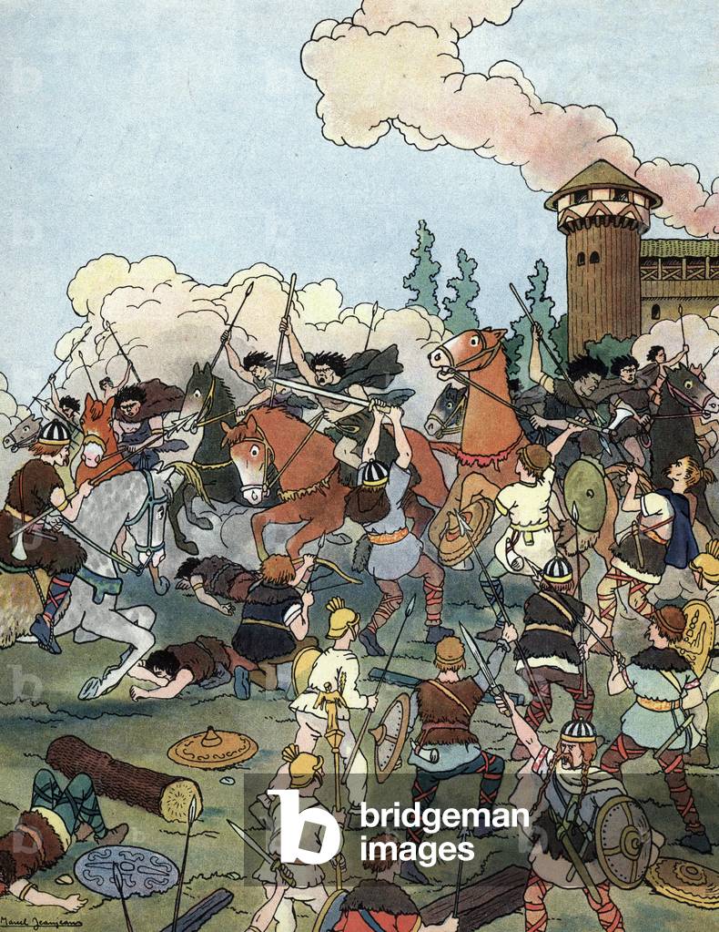 Battle of the Catalaunique Fields, where the Romans, the Francs and Visigoths reunited put the huns of Attila and the ostrogoths near Troyes, Dawn - Barbarian Invasions - (Battle of the Catalaunian Plains or battle of Chalon or battle of Maurica, took place in AD 451 between a coalition led by the Roman general Flavius Aetius and the Visigothic king Theodoric I against the Huns and their allies commanded by their leader Attila) Drawing by Marcel Jeanjean (1893-1973) draws from “” Les beaux episodes de la histoire de France”” 1922 Collection privee