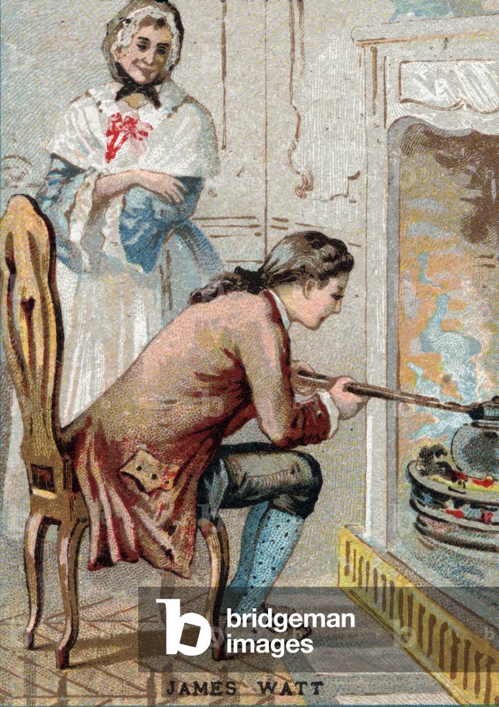 Portrait of James Watt (1736-1819), Scottish engineer, represented inventing his condenser by watching a tea kettle, 1765. End of the 19th century (chromolithograph)
