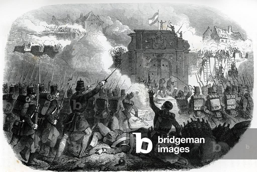 Hungarian Revolution of 1848: austrians take Buda, march 1849 engraving from “” La Hungary historique”” 1851