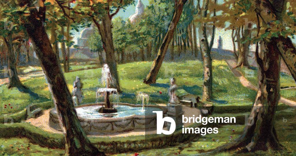 View of the Vatican City Gardens, Rome, Italy (View of the Vatican Gardens, Italy) Chromolithography of the 1930s Private collection