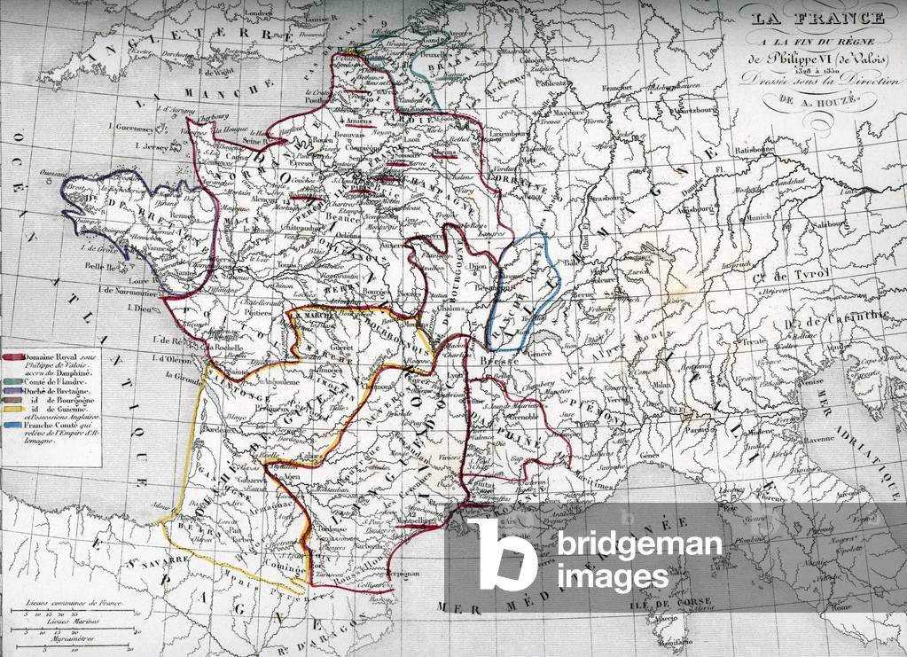 Map of France at the times of king Philip VI of Valois from “Atlas Universel” by Houze, 1851 Private collection