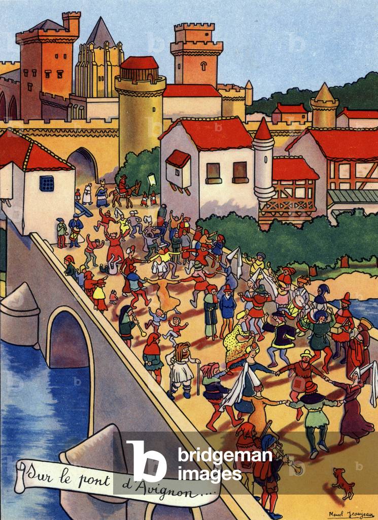 Illustration by Marcel Jeanjean (1893-1973) of the song populaire francaise (nursery rhyme) “” Sur le pont d'Avignon”” (Illustration for french nursery rhyme (folk song) “Sur le Pont d'Avignon””” 20th century Private collection