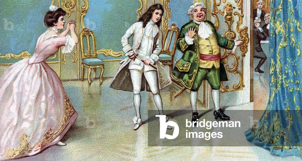 Sophie begged Octavian to protect her by Baron Ochs Illustration of Act II of the opera “Der Rosenkavalier”” by Richard Strauss (1864-1949) (Sophie asks Octavian to protect her from Baron Ochs, illustration for the 2nd act of “” Der Rosenkavalier”” (The Kof the Rose) comic opera by Richard night Strauss) Chromolithography around 1911 Private Collection