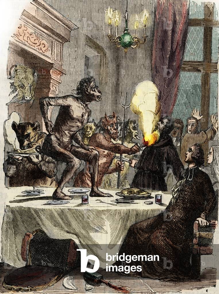 Catholic priests, monks, nuns during a feast interrupted by devils punishing them for their sins (Catholic priest, monks, nuns during a feast interrupted by devils punishing them for their sins)