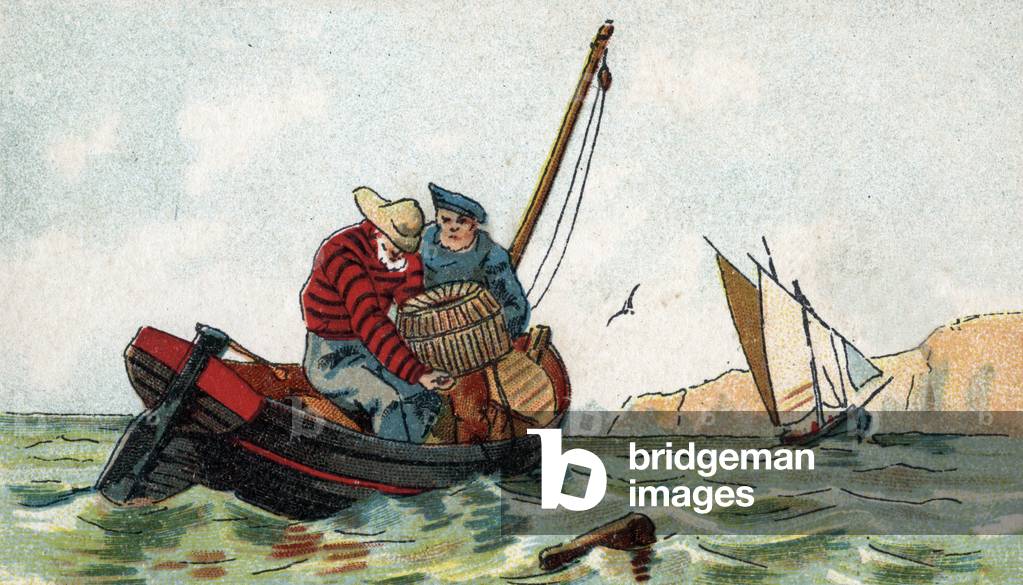 Lobster fishermen throwing their trap, Atlantic sea. Late 19th century (chromolithograph)