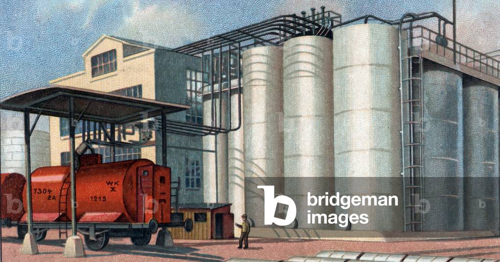 Production of oil: view of the reservoirs and the tankers for transportation of oil Chromolithography, 1938 Collection privee