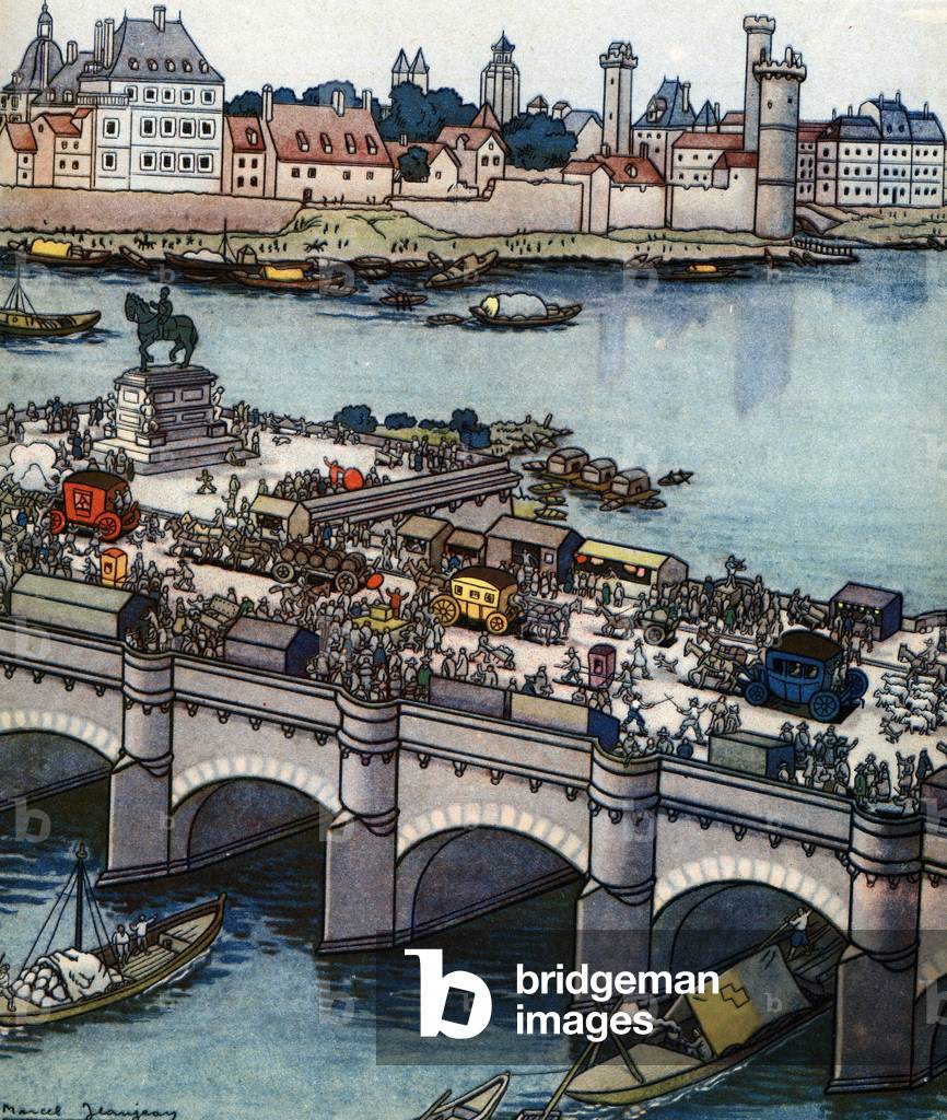 Circulation sur le pont Neuf in Paris - la statue equestre du roi Henry IV (1614), 17th century (View of the traffic on the bridge Pont-Neuf in Paris and the equestrian statue of king Henry IV, 17th century) Illustration by Marcel Jeanjean (1893-1973) in “” Histoire de France”” 1937 Private collection