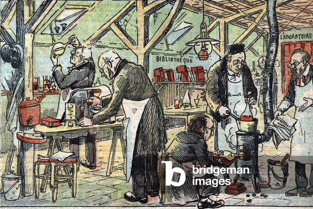 Caricature of the french scientists working in poor laboratories because of low resources accorded to research by the french government Illustration from “Le pelerin” March 1921 Private collection