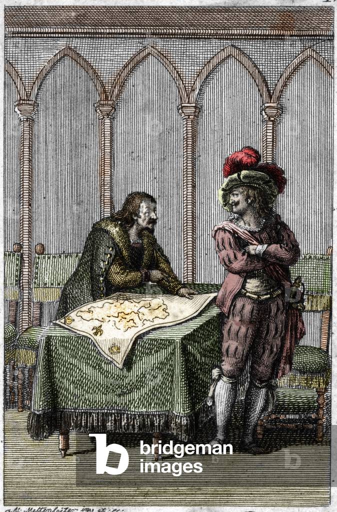 Emperor Albert I of Habsburg (1255-1308) studying the map of France at the time of the conflict between Pope Boniface VIII and King Philip IV of France, 1303 (Albert I of Germany studying map of France at the times of quarell between pope Boniface VIII and King Philip IV of France, 1303) Engraving