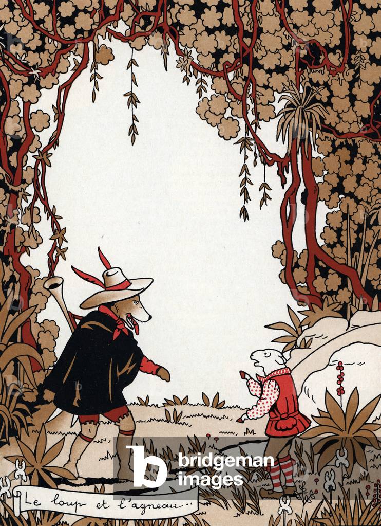 The wolf and the lamb Illustration by Marcel Jeanjean (1893-1973) for “Les fables” by Jean de La fontaine (1621-1695) (Illustration from La Fontaine's Fables) 20th century Private Collection