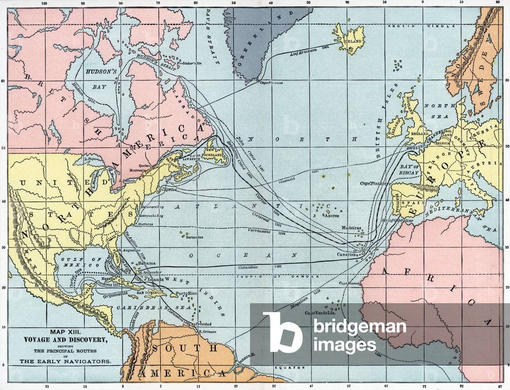 Geographic map showing the routes of the different navigators at the time of the great discoveries (Cabot, Cortereal, Verrazzani, Columbus, Magellan, de Gama, Cortez, Grijalva, De Ayllon, Ojeda, Lief Erikson) (Map showing the main routes of the early navigators)