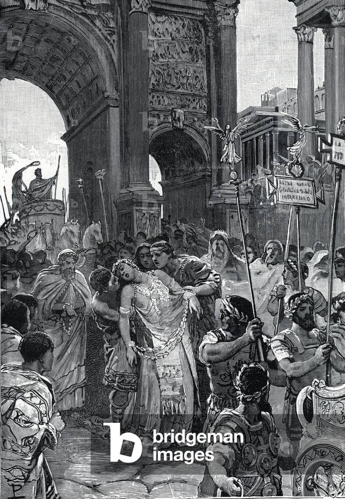 Roman Antiquite: The Imperator of Palmyra Septimia Bathzabbai Zenobie captured by Roman Emperor Aurelien, 272”” (The queen of the Palmyrene empire Zenobia prisoner of the Roman emperor Aurelian, 272 AD) Engraving from “Storia di Roma” by Francesco Bertolini