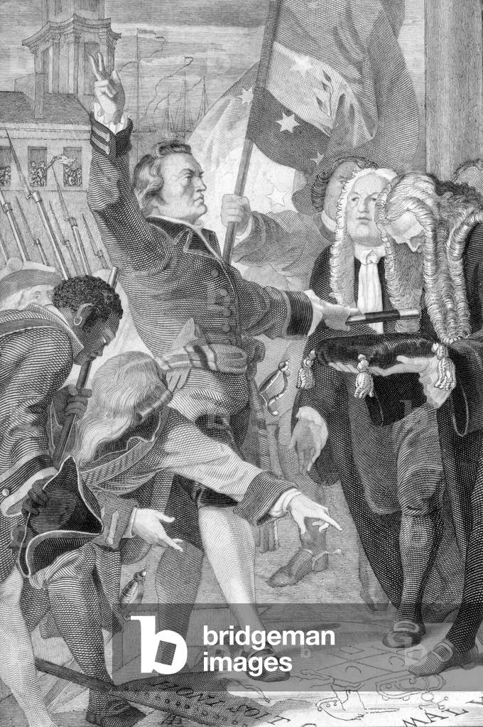 American Revolutionary War: representation of George Washington (1732-1799) victorious in 1783 (American Revolutionary War: George Washington's Triumphal Return 1783) Engraving from Allgemeine Geschichte” by Rotteck 1844