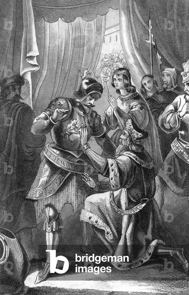 Diete d'Erfurt 1181: Henry the lion (Henry XII of Baviere) submitting to Emperor Frederic I of Hohenstaufen dit Frederic Barberousse (1122-1190)” (Henry the lion submit in November 1181 at a Reichstag in Erfurt to Frederick I, Holy Roman Emperor) Engraving from “” Bilder-Gallerie zur allgem”” by Rotteck 1843 Collection privee