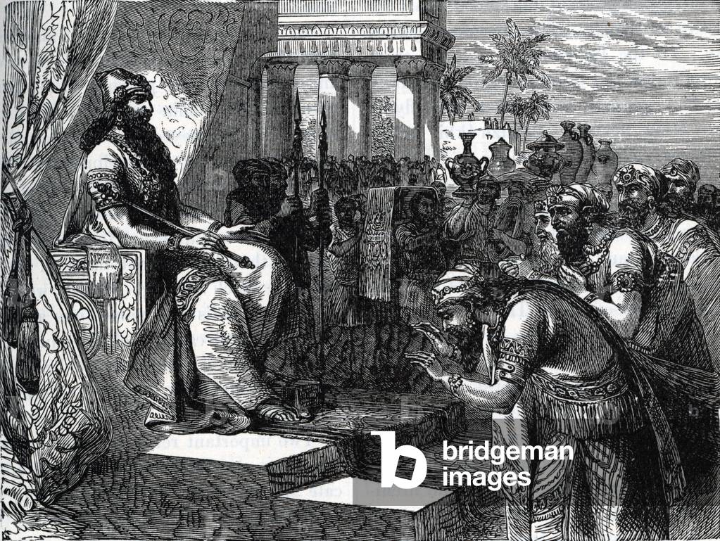 The embassy of Jehu '841-814 BC) King of Israel came to seek support from Salmanazar III (Shalmaneser or Salmanazar or Shoulman-Asharid) (858-824 BC), King of Assyria (King Jehu embassy at the court of Shalmaneser III) Engraving from “History of the world” by Ridpath 1818 85 Private Collection