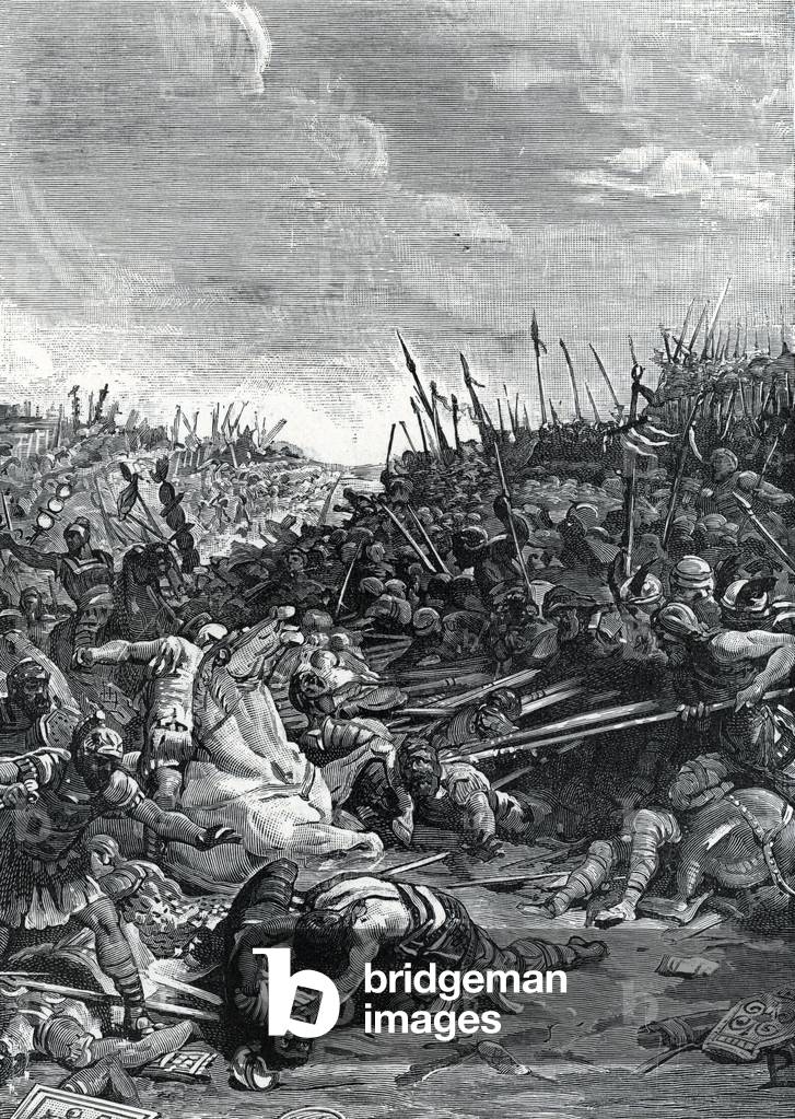 Battle of Andrinople or Adrianople (today Edirne in Turkey) on 9/08/378 (The Battle of Adrianople (9 August 378), sometimes known as the Battle of Hadrianopolis, was fought between an Eastern Roman army led by the Eastern Roman Emperor Valens and Gothic rebels (largely Thervings as well as Greutungs, Non-Gothic Alans, and various local rebels) led by Fritigern) Engraving from “Storia di Roma” by Francesco Bertolini