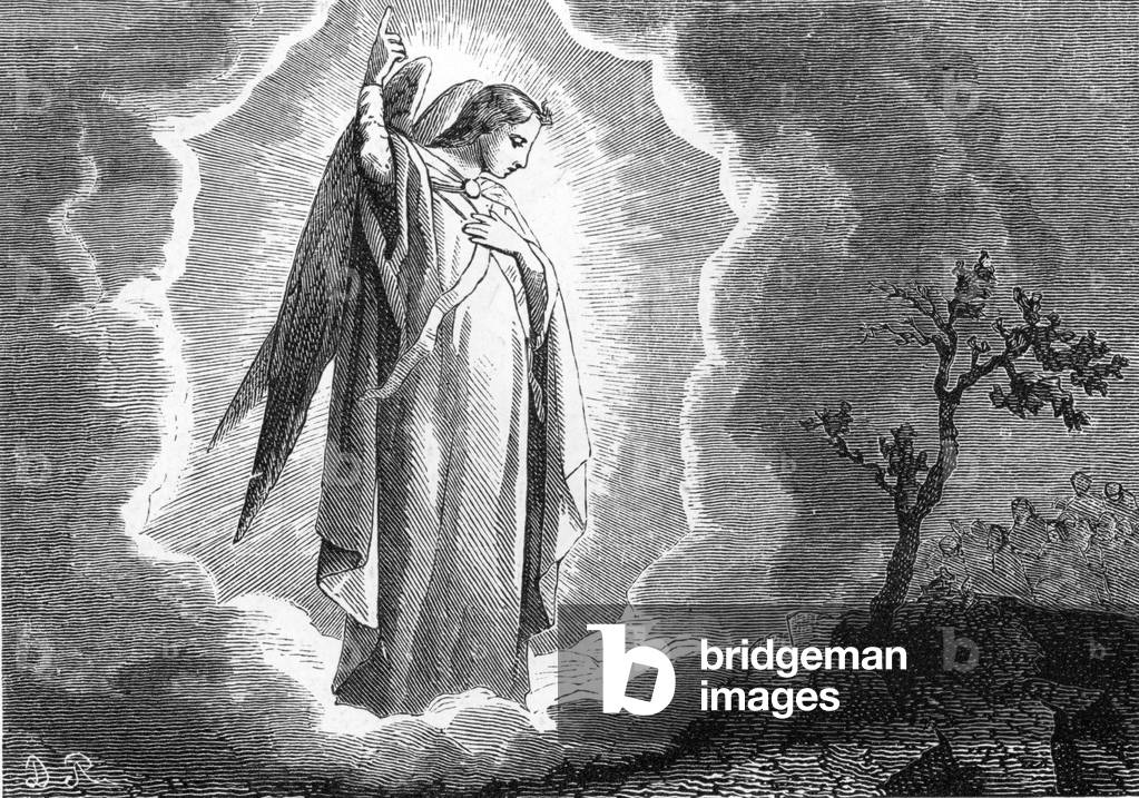 Appearance of the Archangel Saint Michael on Mount Gargan, Italy. 19th century (engraving)