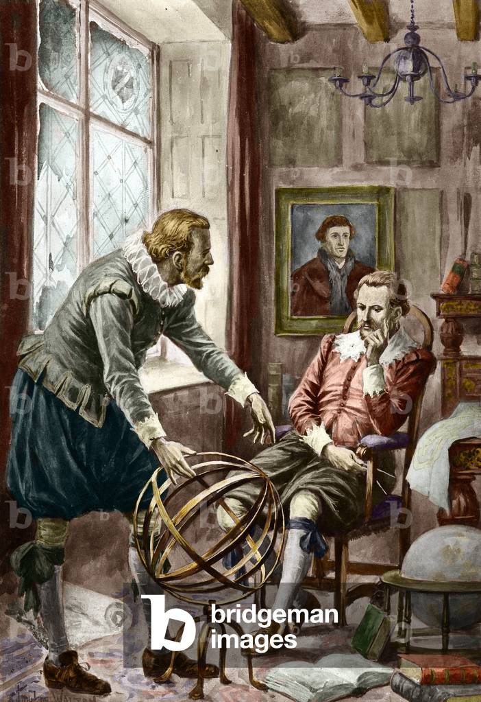 Danish astronomer Tycho Brahe (1546 - 1601) explains how the globe works to Johannes Kepler (1571 - 1630) in Prague in 1600 - (Danish astronomer Tycho Brahe (1546-1601) and his assistant the astronomer Johannes Keppler working on a armillary sphere in Praga in 1600) Illustration Private collection