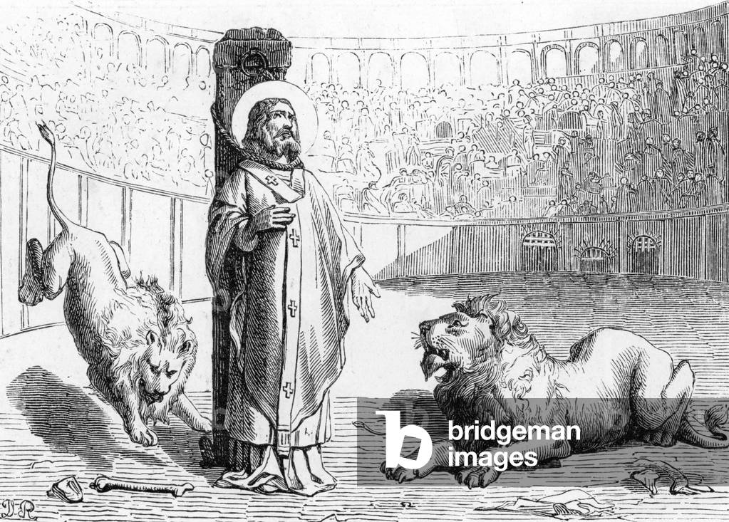 Representation of St. Ignatius of Antioch (Theophorus) during his martyrdom by being fed to wild beasts. 19th century (engraving)