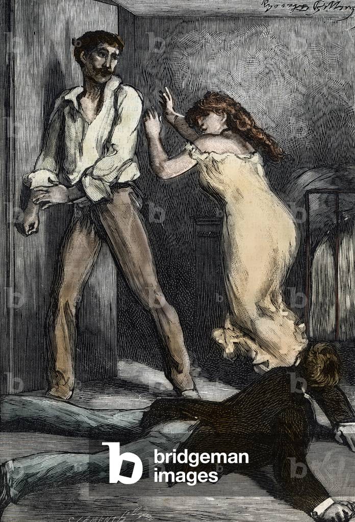 Octave et Berthe überrascht von ihrem Ehemann Auguste (Auguste macht die Tür hinunter und entdeckt seine Frau 