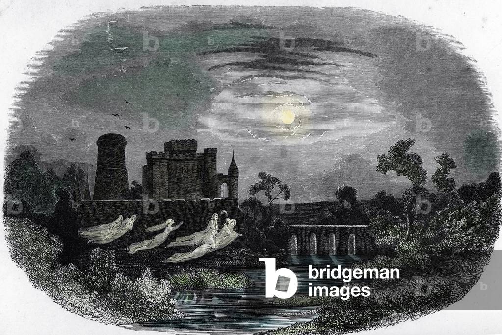 Representation of the ghosts of the ancient lords of Blandy flying around the walls of the castle, Blandy-les-Tours, Seine and Marne (ghosts that haunt the castle of Blandy les Tours, Seine and Marne) Engraving from “Mysteres des vieux chateaux de France”” 1837 Private collection