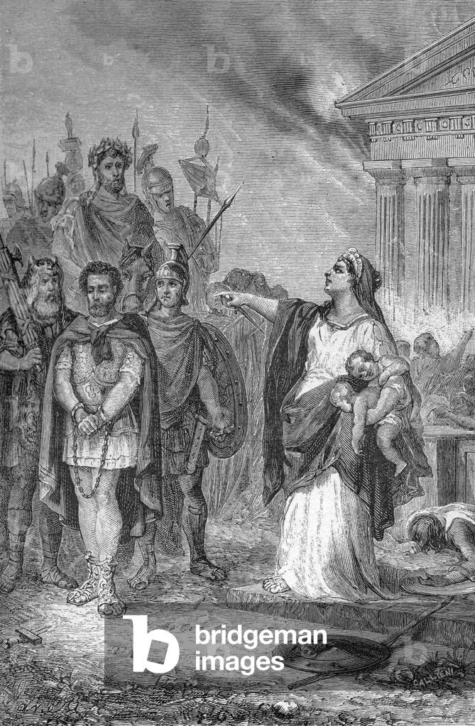 Third punic war: suicide of the wife of carthaginian general. Engraving 1884